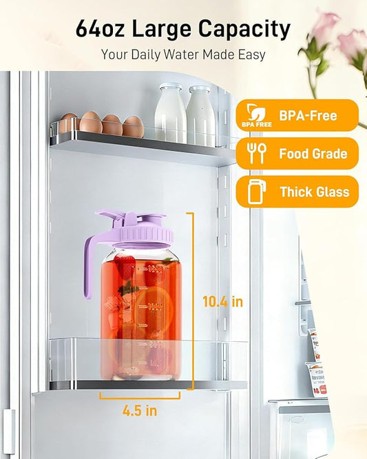 64 oz Glass Pitcher with Lid, Large Wide Mouth Mason Jar with Pour Spout, Purple Sun Tea Glass Jar for Outside, Juice Pitcher Great for Drink, Cold Beverages and Breast Milk