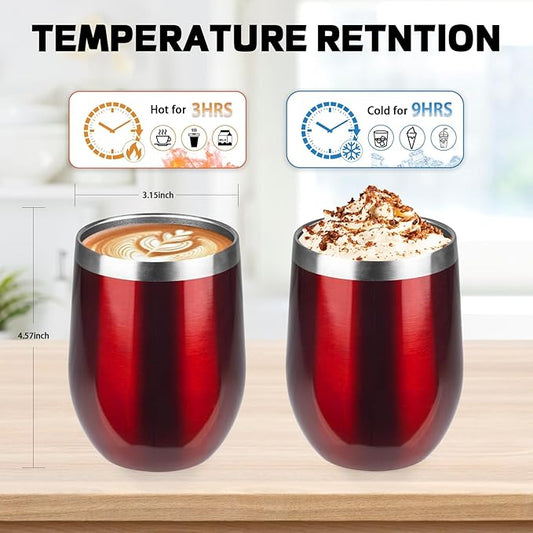 StarSpeed 12oz/8 Pack Wine Tumbler with lid, Stainless Steel Travel Mugs Stemless Double Wall Insulated Coffee Cup, Insulated Wine Glasses Travel Tumbler for Cold & Hot Drinks(Transparent Red, 8)