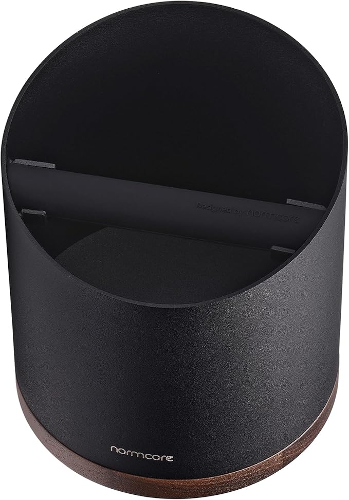 Normcore Espresso Knock Box, 1L Capacity Holds 20-25 Espresso Pucks, Stainless Steel with Walnut Non-Slip Base, Knock Bin For Home Baristas, Black