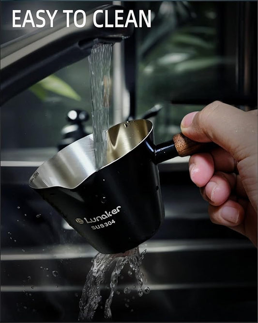 Lunaker Espresso Cups - 4OZ Espresso Shot Cup with Wooden Handle -Measuring Cup with Double Spouts - Coffee Bar Accessories, Black(2 Pcs)
