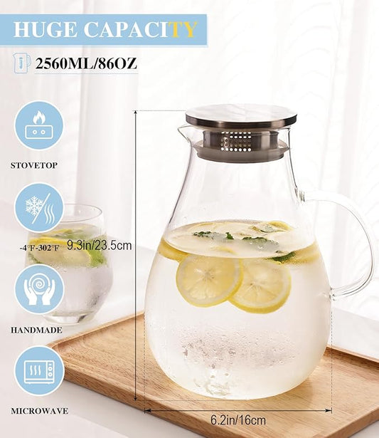 LUNA & MANTHA Glass Pitcher with Lid, 86oz Glass Water Pitcher, Large Hot Cold Water Jug, Borosilicate Drink Jug for Iced Tea, Sangria and Coffee Beverage Carafe with 2 Silicone Rings