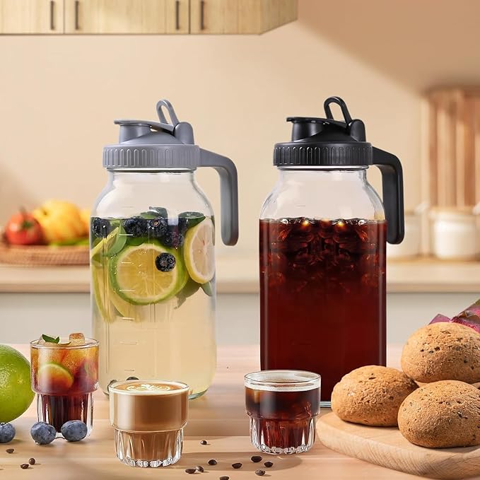 64OZ Glass Pitchers with Lid, Wide Mouth Water Jugs, Leak-Proof Airtight Mason Jars for Cold Brew Coffee, Iced tea, Milk, Food Storage, Sun Tea Jar,Set of 2.