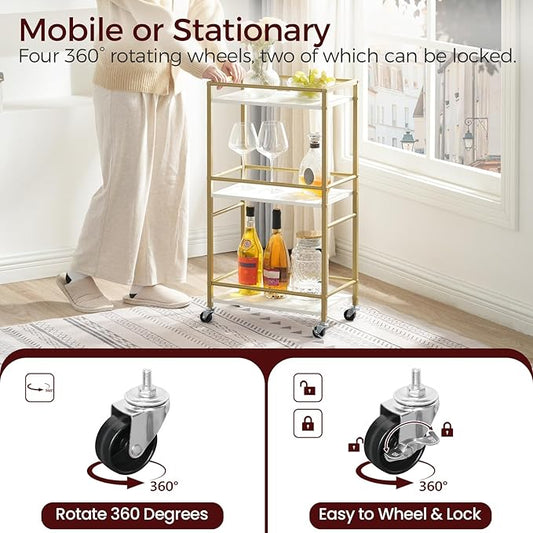 Bar Cart for The Home, 3-Tier Drink Cart on Wheels, Home Bar Serving Cart, Mini Bar Cart for Small Space, Rolling Kitchen Carts for Bar, Kitchen, Dining Room, Gold RCJW4001