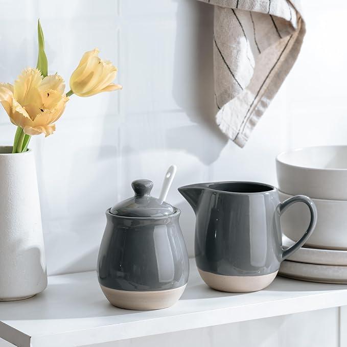 famiware Milkyway Ceramic Sugar and Creamer Set, 10oz Sugar Bowl & 13oz Creamer Set – Stoneware Milk Pitcher & Sugar Dispenser for Coffee Bar, Kitchen, or Countertop, Coffee Serving Set, Dark Gray