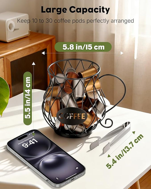 Uniclife K Cup Holder with Ice Tongs, Large Capacity Coffee Pod Holder for 10-30 Capsules, Metal Wire K Cup Organizer Coffee Pod Organizer, Storage Basket for Kitchen Office Accessories