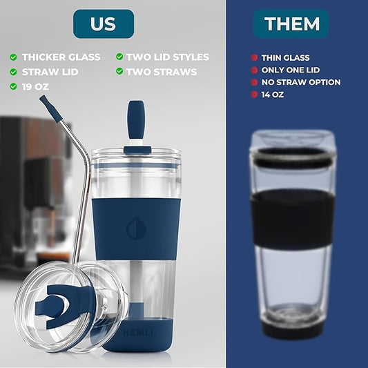 19 oz. Double Wall Glass Coffee Tumbler, To Go Travel Mug with Lid, Portable Glass Thermos with Straw, Reusable Cup, Tea, Smoothies, Ice Coffee, and Boba