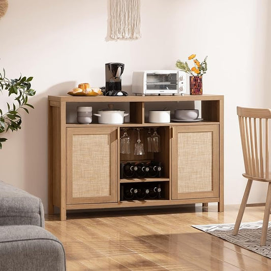 SICOTAS 51" Coffee Bar Cabinet Bar Cart with Storage, Wine Bar Cabinets Boho Home Bar Table, Rattan Sideboard Buffet with 2 Doors, Coffee Station with Wine Racks for Living Dining Room Entryway