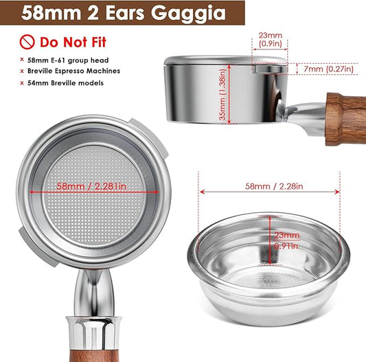 58mm Bottomless Portafilter, Professional Stainless Steel Portafilter 2 Ears for 58 Gaggia Machines- Not suitable with E61 groupheads,with Walnut Handle & Filter Basket