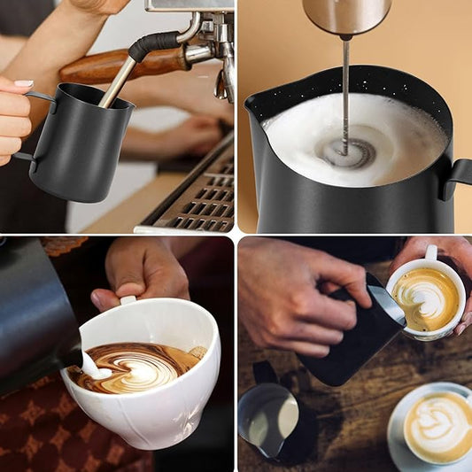 Milk Frothing Pitcher, 12oz Stainless Steel Milk Frother Cup Steaming Pitcher, Coffee Bar Cappuccino Espresso Machine Accessories Barista Tools, Metal Pitcher Milk Jug with Latte Art Pen, Matte Black