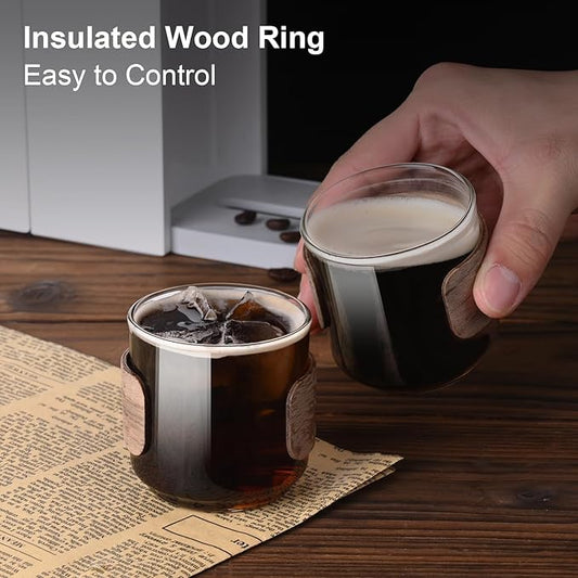 PARACITY Espresso Cups Set of 2 with Wooden Ring, 5 OZ High Borosilicate Espresso Shot Glass, Clear Small Expresso Shots Cup, Espresso Accessories