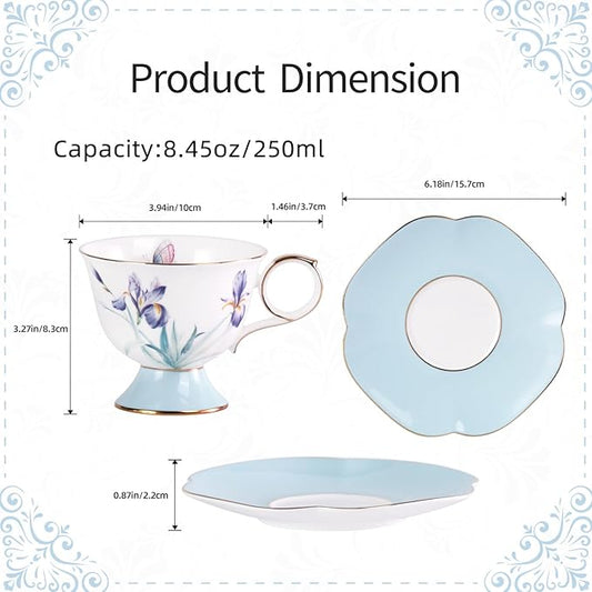 KAMMAK Ceramic Coffee Cups Saucers Set of 2, Porcelain Espresso Cups with Saucers, 8.45 oz Handcrafted Elegant Bone China Tea Cups, Iris Flower & Butterfly Pattern Teacup for Party, Office, Gift
