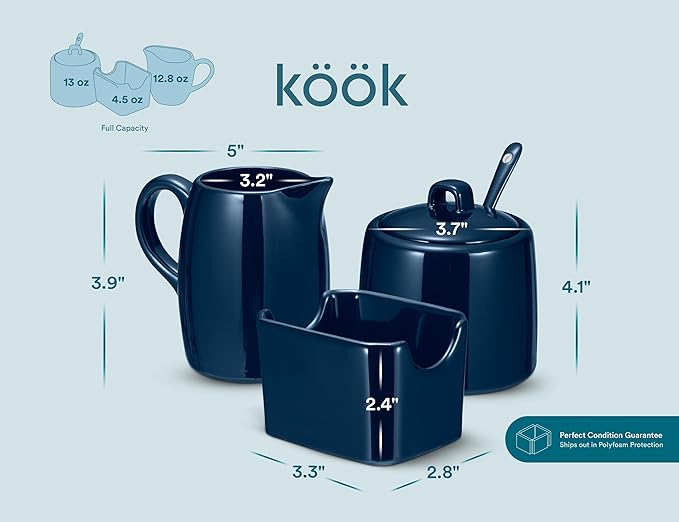 KooK Sugar and Creamer Set, 3 Piece, Pitcher, Sugar Bowl with Lid and Spoon, Sweetener Holder (Navy)