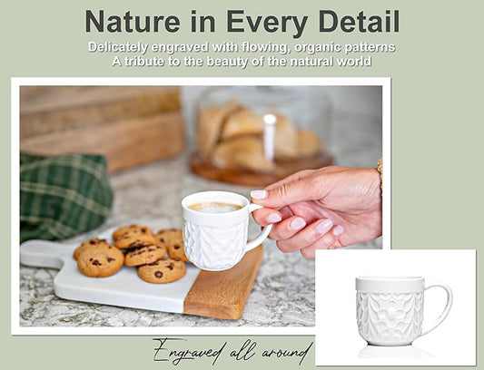 Ceramic Espresso Cups Set of 2 - White Cappuccino Cup with Nature-Inspired Engravings and Comfort-Grip Handle - 3.3 Oz Small Lead-Free Coffee Shot Mugs Safe for Dishwasher, Microwave, Oven, Freezer