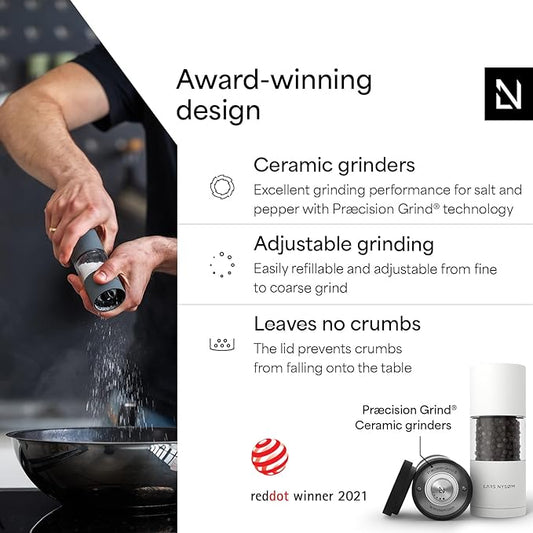 LARS NYSØM Salt and Pepper Grinder Set, Manual Salt and Pepper Mills with Adjustable Ceramic Grinder, Design Spice Shaker Set (Black/White)