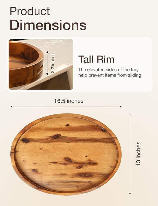 Acacia Oval Wooden Serving Tray with Handless - 16.5" x 13" Ottoman Table Oval Wooden Tray - Round Serving Tray - Ottoman Tray for Living Room, Coffee Table Decor, Serving Platter (Acacia)