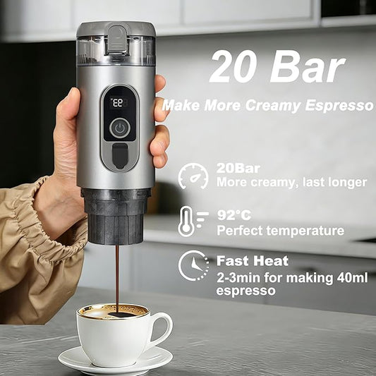 Portable Electric Espresso Machine Travel Coffee Maker 20 bar Mini Espresso Self-Heating Car Coffee Maker Compatible with Ground Coffee & NS Capsule for Camping RV Hiking Offic, Gray