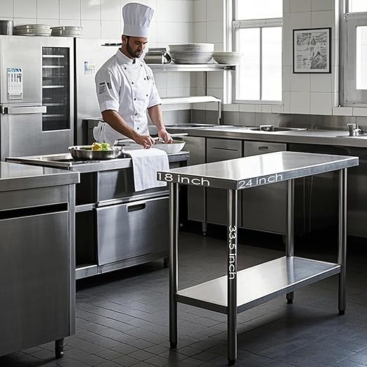 NSF Stainless Steel Table for Prep & Work with Backsplash 24x18 Inches, Metal Commercial Kitchen Table with Under Shelf and AdjustableTable Foot for Restaurant, Home and Hotel