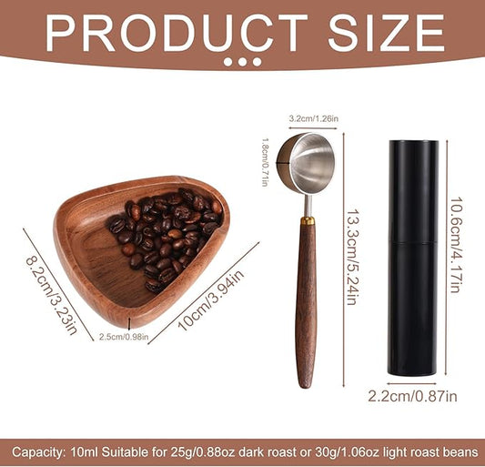 3pcs Espresso Bar Accessories Kit, Include Walnut Wood Coffee Bean Dosing Cup Measuring Tray and Static Reduction Spray Bottle and Spoon for Coffee Lovers Gift