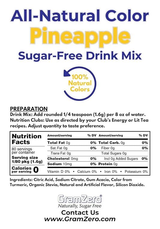 GramZero Pineapple Zero Calorie Sugar Free Drink Mix, Great For Nutrition Club Loaded Teas, Stevia Sweetened