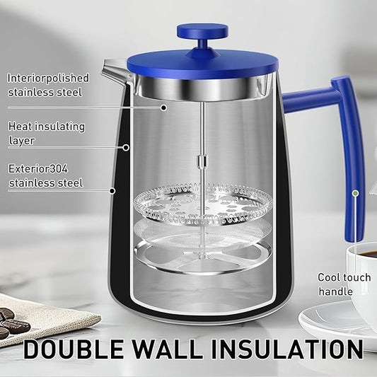 Secura 50oz French Press Coffee Maker – 304 Stainless Steel, Insulated Coffee Press with Extra Filter, Blue