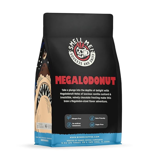 Bones Coffee Company Megalodonut, Boston Cream Donut Flavored Coffee, Medium Roast Low Acid Arabica Beans Compatible with Auto drip and French Press Coffee Maker, 12 Oz Whole Bean