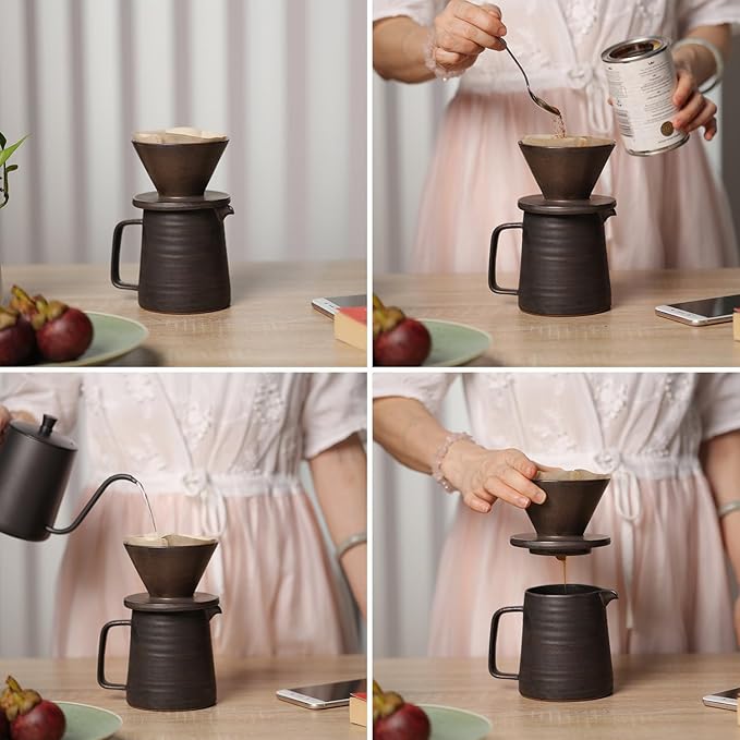 Stoneware Handmade Pour Over Coffee Maker Set, Ceramic Coffee Brewer Hand Drip Cone Dripper & Coffee Pot Microwaveable Decanter, Retro Metallic Glaze, 16oz