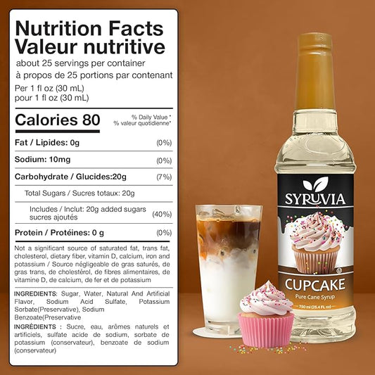 Syruvia Cupcake Coffee Syrup - 25.4 fl oz - Kosher Syrups, Gluten Free, No Coloring, Perfect for Drinks, Soda, Shakes, Desserts, and More With Pump