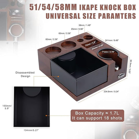 IKAPE V5 Espresso Knock Box, Espresso Coffee Organizer Box Fit for Storage 51, 54, 58MM Espresso Tamper, Distributor, Portafilter & Puck Screen Accessories, Natural Walnut Station Base(9 IN One)