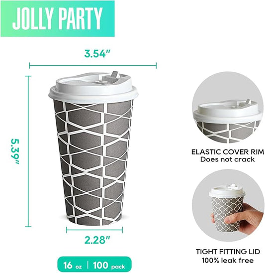 JOLLY PARTY Disposable Coffee Cups with Lids -16 oz (100 Sets) To Go Cups, Paper Coffee Cups for Beverages Espresso Tea, Suitable for Cafes, Offices and Home