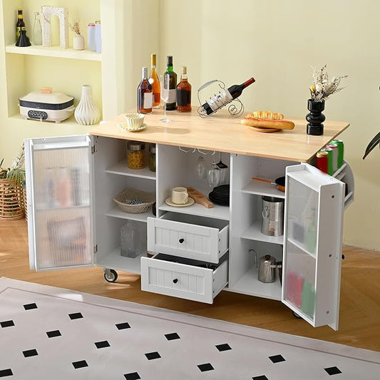 Brrnoo Kitchen Island Cart with Wood, 29.5"" Width Mobile Carts with Storage Cabinet, Rolling Kitchen Table with Spice Rack and Drawer, Portable Islands on Wheels, White