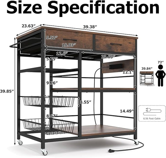 Kitchen Island with Storage,Industrial Kitchen Island on Wheels,Rolling Kitchen Island Cart with Power Outlet,Modern Island Table for Kitchen with Drawers,Shelves and Baskets,Rustic Brown