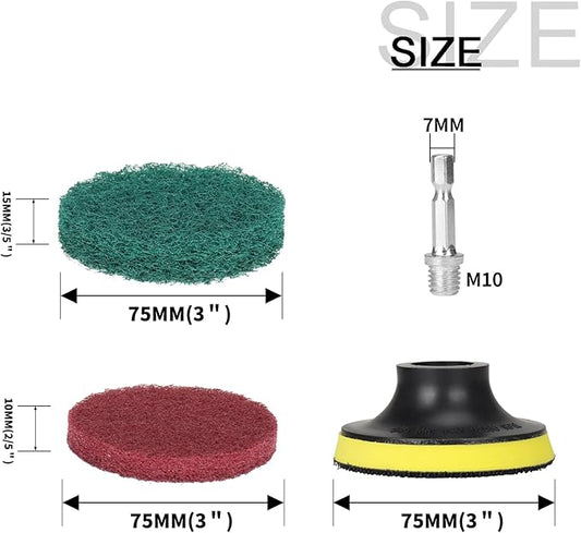 3 Inch Drill Brush Power Scouring Pads - Heavy Duty Tub and Tile Cleaner - Household Cleaning Kit Includes Drill Attachment, 5 Red, 5 Stiff Green Scrubber Pads