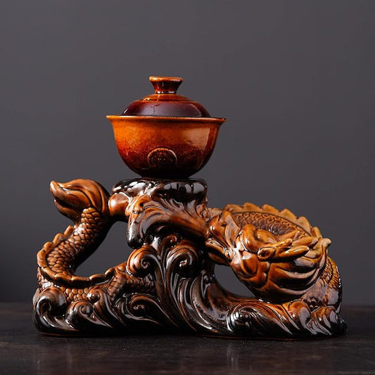 Semi Automatic Tea Set Ceramic Teapot with Infuser Magic Teapot with 8 cups (Yellow Dragon-D)