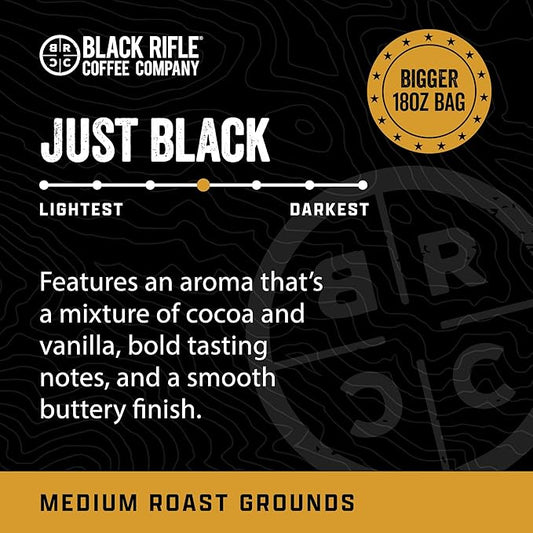 Black Rifle Coffee Company Just Black, 18oz Bag, Ground Coffee Medium Roast - Roasted Blend Made from Arabica Beans - Colombian & Brazilian Beans - Veteran Founded & American Made
