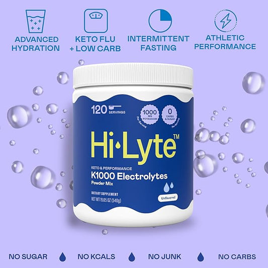 Hi-Lyte Keto K1000 Unflavored Electrolyte Powder | Hydration Supplement Drink Mix | Boost Energy & Beat Leg Cramps | No Sugar, Stevia, Maltodextrin | 120 Servings