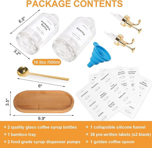 Coffee Syrup Dispenser for Coffee Bar, 16.9oz 500ml Glass Syrup Dispenser w Golden Coffee Scoop, Coffee Syrup Pump Dispenser w 36 Labels and Bamboo Tray, Coffee Syrup Bottles with Golden Pump, 2PCS