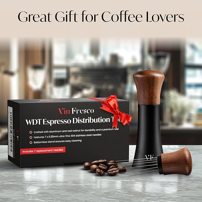 WDT Espresso Distribution Tool – Coffee Distributor with Walnut Wood Handle – With 7 x 0.35mm 304 Stainless Steel Needles + 7 Extra Needles – For Even Espresso Extraction & Crema – Black & Walnut