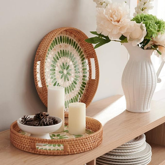 YANGQIHOME Round Serving Tray With Decorative Mother of Pearl Inlay, Rattan Wicker for Home Decor, Table Decor, Gifts, Dining, Woven for Food, Fruit, Coffee, 11.8 Inch