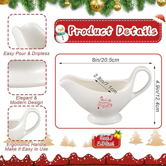 Bokon 2 Pack Christmas White Gravy Boat 8 oz Sauce Boat White Ceramic Sauce Jug with Smooth Handle Creamer Pitcher for Salad Dressing Milk Broth Microwave Dishwasher Safe for Festive Gatherings