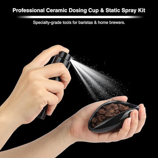 Ceramic Coffee Dosing Cup and 20 ML Spray Bottle Set - Static Reducing Espresso Accessories Kit for Home, Cafe | Professional Espresso Coffee Measuring Cups Tools (Black)