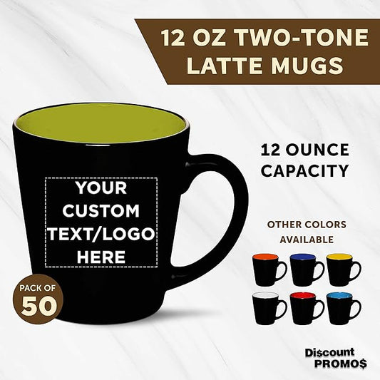 Custom Ceramic Coffee Latte Mugs 12 oz. Set of 50, Personalized Bulk Pack - Perfect for Coffee, Tea, Espresso, Hot Cocoa, Other Beverages - Lime Green