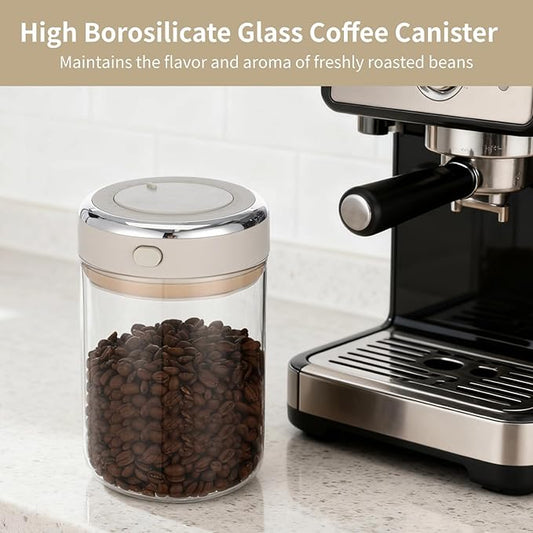 Coffee Bean Storage Container with CO2 One-Way Valve, 1100 ml Clear Glass Coffee Canister with Date Tracker, Vacuum Storage Container for Beans, Grain, Snack, Sugar, Tea, 6.3 x 4.45 in