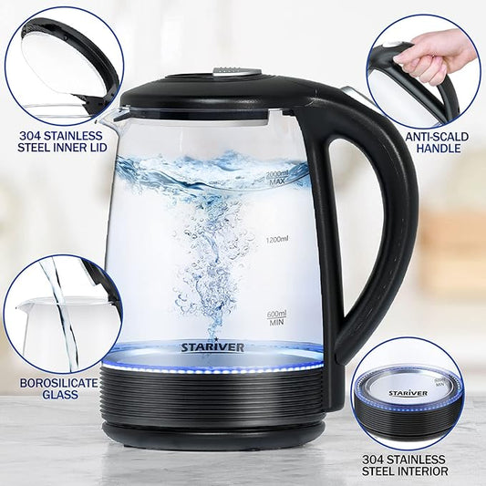 Stariver Electric Kettle, BPA-Free Glass Tea Kettle with LED, 2L Hot Water Kettle with Fast Boil, Auto Shut-Off & Boil-Dry Protection, Stainless Steel Inner Lid & Bottom, Black