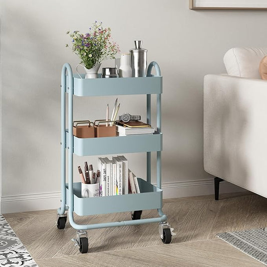 3-Tier Rolling Cart with Wheels,Kitchen Storage Carts or Metal Rolling Utility Cart with Handle,Movable Storage Organizer,Blue Carts for Nursery, Kitchen, Bathroom, Craft Room(13.4"x18.1"x31")