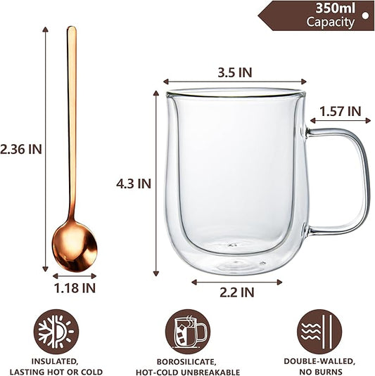 Double Walled Glass Coffee Mugs 12 OZ, Borosilicate Glass Coffee Cups Set of 2 with Spoons, Insulated Clear Coffee Mug for Hot Beverages, Cappuccino, Latte, Tea Bag.