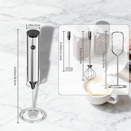 Kitchen Milk Frother Handheld with Stand, 3 Speeds Adjustable Mixer Electric Handheld Frother Wand, Hand Mixer Matcha Whisk Coffee Stirrers for Matcha, Hot Chocolate, Egg - Stainless Steel