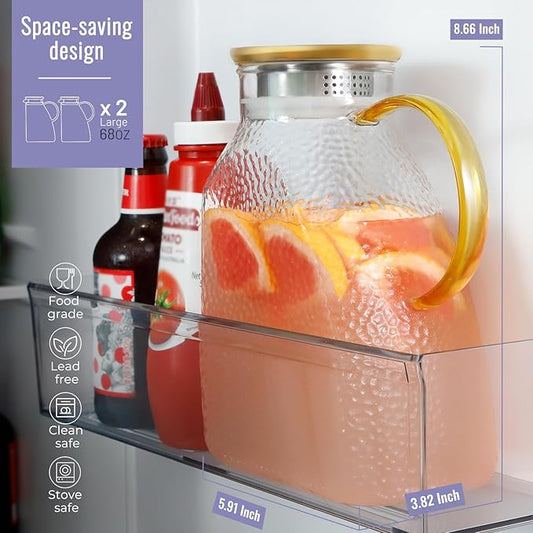 2 Pack Glass Pitcher With Handle And Lid, Large 2 Liter Glass Water Pitcher For Fridge, 68oz glass Tea pitcher Hot And Cold Iced Juice Coffee Milk, Jug Carafe For Beverages Drink