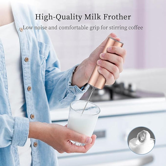 Battery Operated Coffee Frother by ELMWAY, Stainless Steel Electric Whisk, Mini Milk Frother Handled for Coffee, Latte, Matcha and Protein Powder (Rose Gold without Stand)