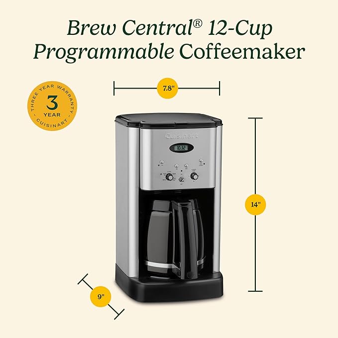 Cuisinart 12 Cup Brew Central Maker Coffee Maker, Black Stainless Steel, DCC-1200BKSNAS