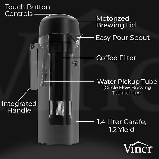 VINCI Express 2 Electric Cold Brew Coffee Maker: 37 oz., Fast, Customizable, Low-Acid Brews with Patented Circle Flow Technology, 3 Brew Settings, Self-Cleaning Function (Plastic Carafe)